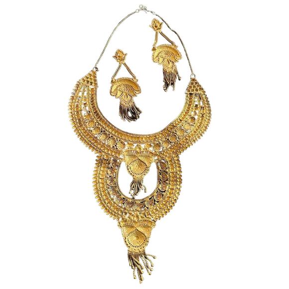 Jewelry Statement Set Necklace Drop Earrings Ring Adjustable Gold Tone - Picture 15 of 15